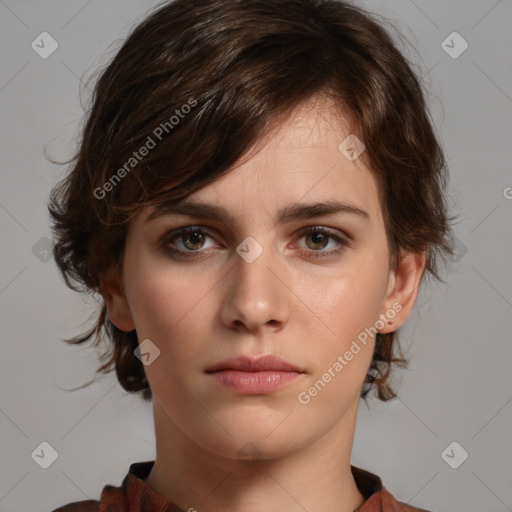 Neutral white young-adult female with medium  brown hair and brown eyes