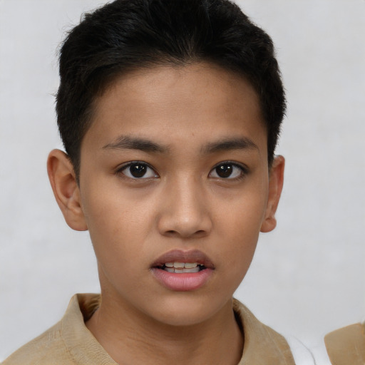 Neutral asian young-adult male with short  brown hair and brown eyes