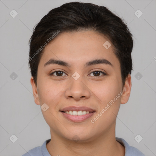 Joyful asian young-adult female with short  brown hair and brown eyes