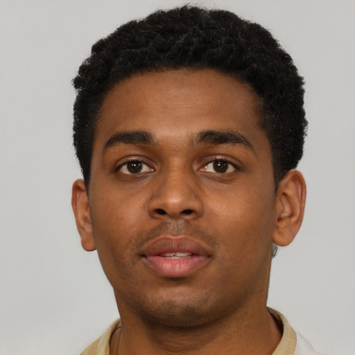 Neutral black young-adult male with short  black hair and brown eyes
