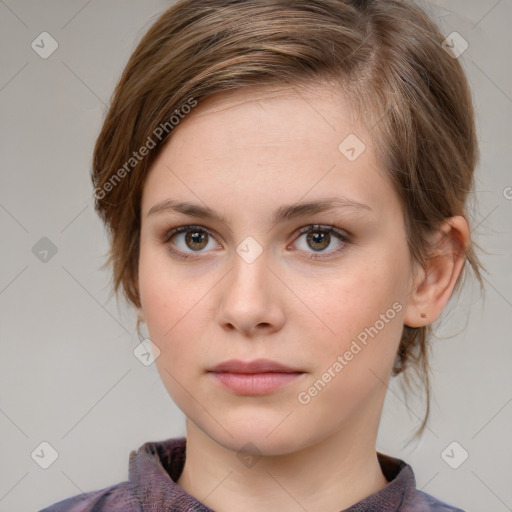 Neutral white young-adult female with medium  brown hair and grey eyes