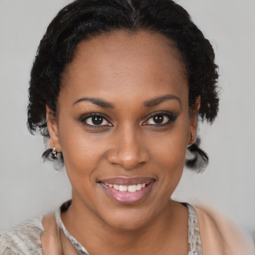 Joyful latino young-adult female with short  brown hair and brown eyes