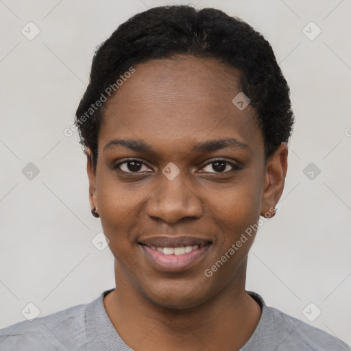 Joyful black young-adult female with short  black hair and brown eyes