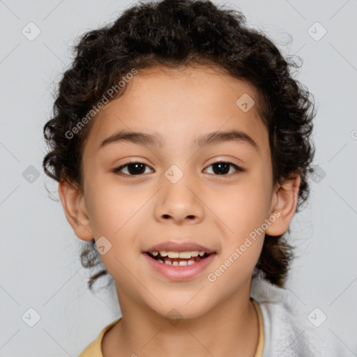 Joyful white child female with medium  brown hair and brown eyes