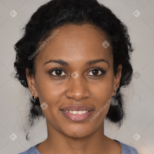 Joyful black young-adult female with medium  black hair and brown eyes