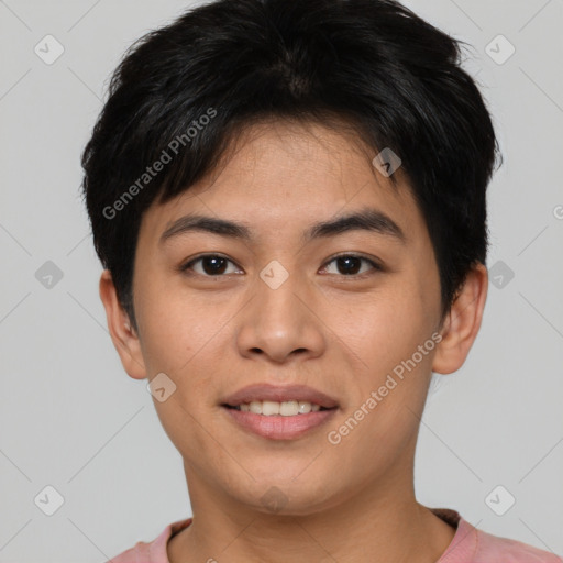 Joyful asian young-adult male with short  brown hair and brown eyes