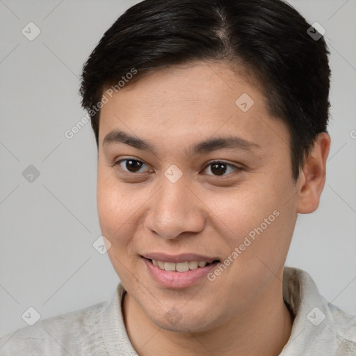 Joyful white young-adult female with short  brown hair and brown eyes