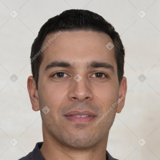 Neutral white young-adult male with short  black hair and brown eyes