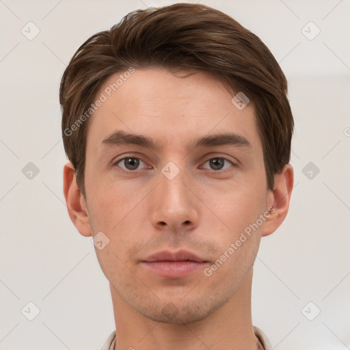 Neutral white young-adult male with short  brown hair and grey eyes