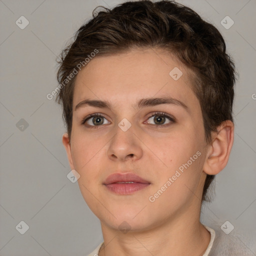 Neutral white young-adult female with short  brown hair and brown eyes