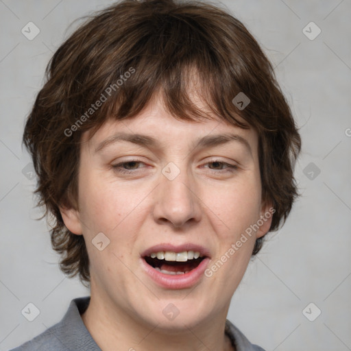 Joyful white adult female with medium  brown hair and grey eyes