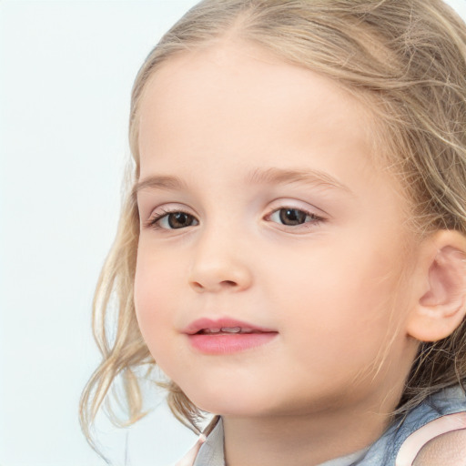 Joyful white child female with medium  brown hair and blue eyes