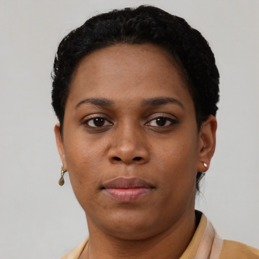 Neutral black young-adult female with short  brown hair and brown eyes