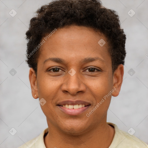 Joyful latino young-adult male with short  brown hair and brown eyes