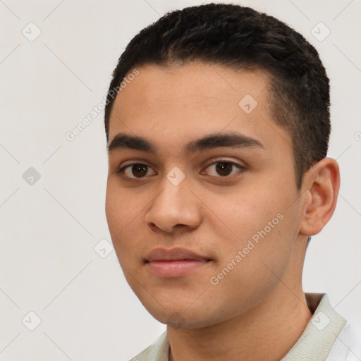 Neutral white young-adult male with short  black hair and brown eyes