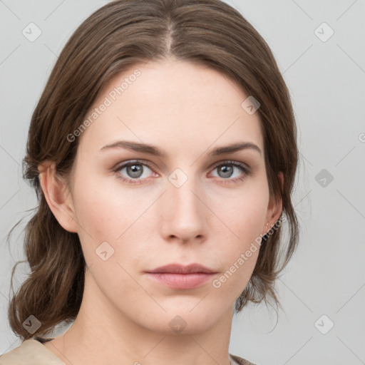 Neutral white young-adult female with medium  brown hair and grey eyes