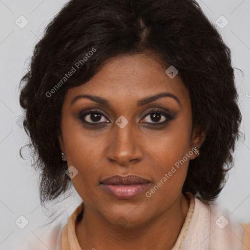 Joyful black young-adult female with medium  brown hair and brown eyes