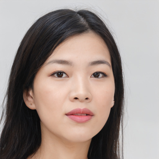 Neutral asian young-adult female with long  black hair and brown eyes