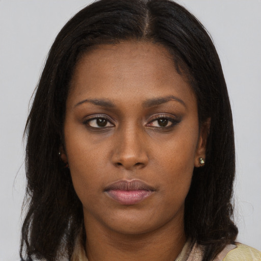 Neutral asian young-adult female with long  brown hair and brown eyes