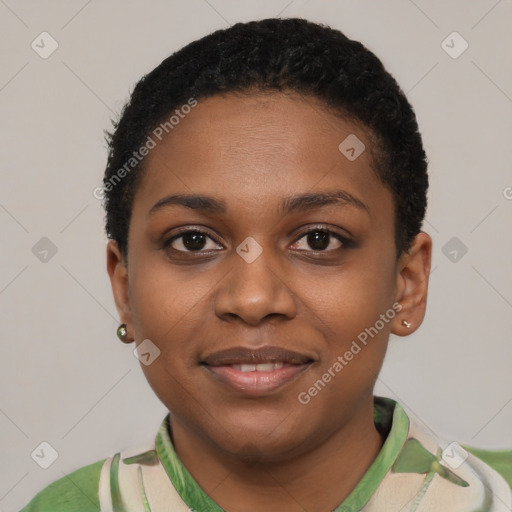 Joyful black young-adult female with short  brown hair and brown eyes