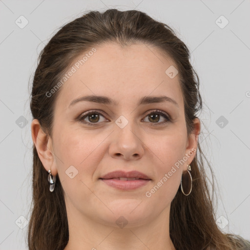 Joyful white young-adult female with long  brown hair and grey eyes