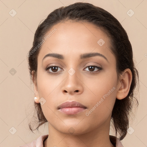 Neutral latino young-adult female with medium  brown hair and brown eyes