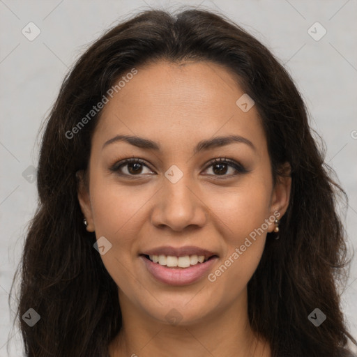 Joyful latino young-adult female with long  brown hair and brown eyes