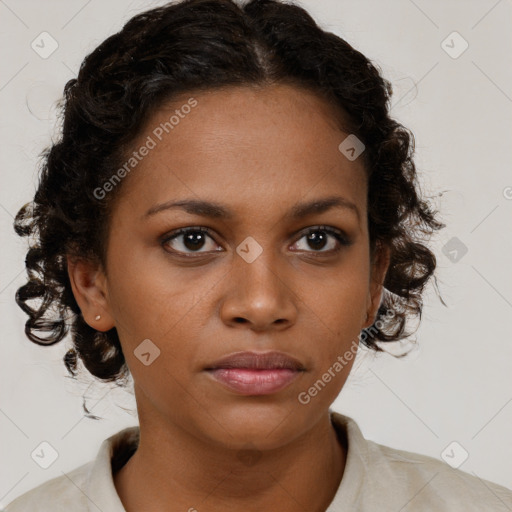 Neutral black young-adult female with medium  brown hair and brown eyes