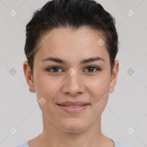 Joyful white young-adult female with short  brown hair and brown eyes