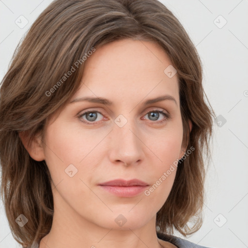 Neutral white young-adult female with medium  brown hair and grey eyes