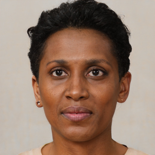 Neutral black young-adult female with short  black hair and brown eyes