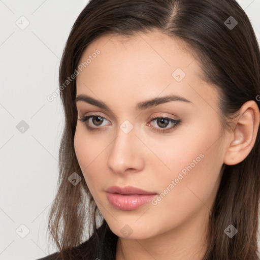 Neutral white young-adult female with long  brown hair and brown eyes