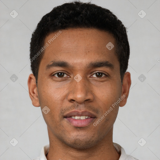 Neutral latino young-adult male with short  black hair and brown eyes