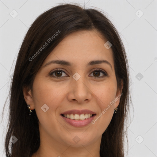 Joyful white young-adult female with long  brown hair and brown eyes