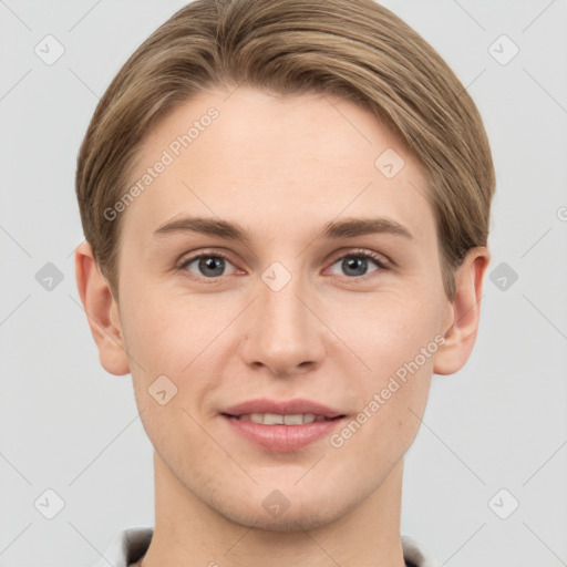 Joyful white young-adult female with short  brown hair and grey eyes