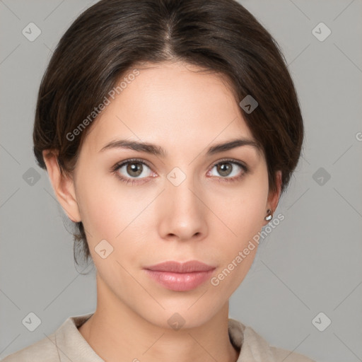 Neutral white young-adult female with medium  brown hair and brown eyes