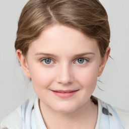 Joyful white child female with medium  brown hair and grey eyes