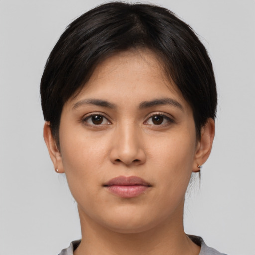 Neutral asian young-adult female with short  black hair and brown eyes
