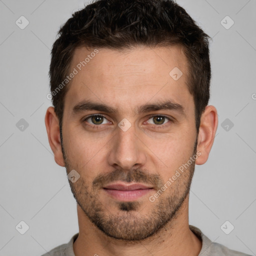 Neutral white young-adult male with short  brown hair and brown eyes