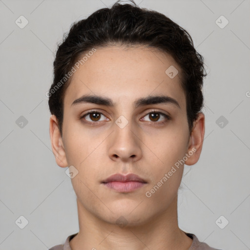 Neutral white young-adult male with short  brown hair and brown eyes