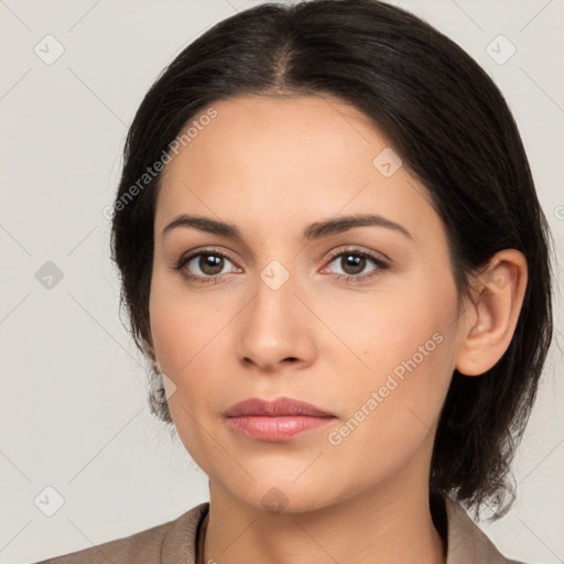 Neutral white young-adult female with medium  brown hair and brown eyes