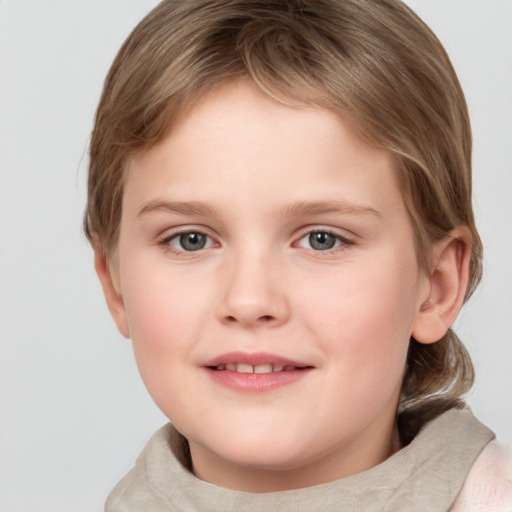 Joyful white child female with medium  brown hair and grey eyes