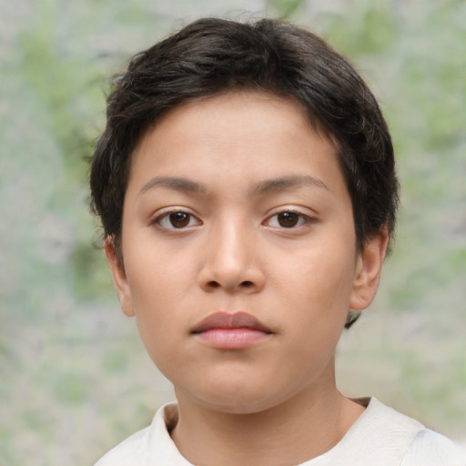 Neutral asian child female with short  brown hair and brown eyes