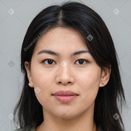 Neutral asian young-adult female with long  brown hair and brown eyes