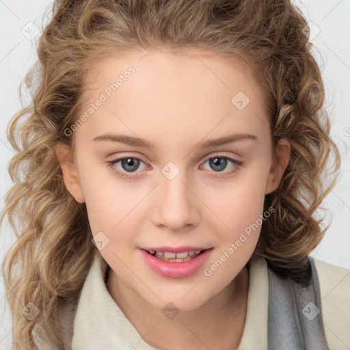 Joyful white child female with medium  brown hair and brown eyes