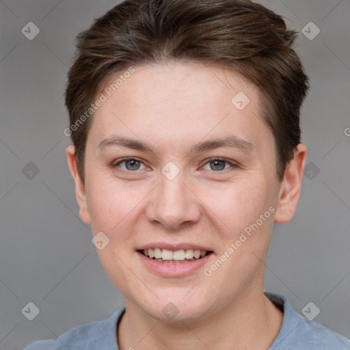 Joyful white young-adult female with short  brown hair and grey eyes