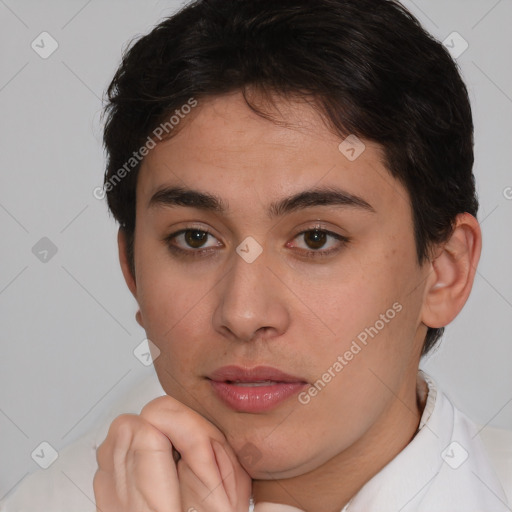 Neutral white young-adult female with short  brown hair and brown eyes