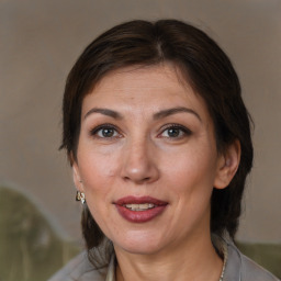 Joyful white adult female with medium  brown hair and brown eyes