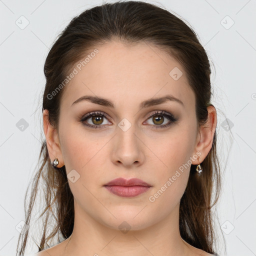 Neutral white young-adult female with long  brown hair and brown eyes