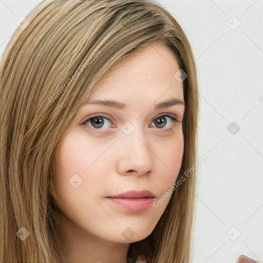 Neutral white young-adult female with long  brown hair and brown eyes